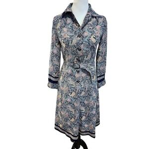 Vintage Style Paisley Floral Midi Shirtdress Navy Blue Long Sleeve Belted M